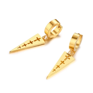 Detail of golden stainless steel huggie earrings with hollow cross triangle pendants