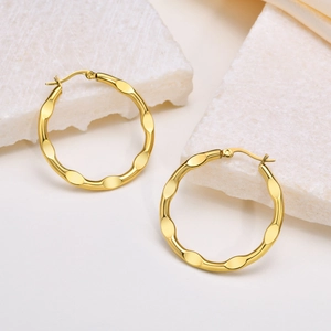 Fashion Stainless Steel Gold Plated Hammered Hoop Earrings For Women Personalized Wavy Geometric Large Round Jewelry Gift