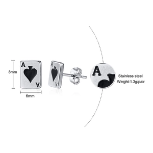 Minimalist Ace of Spades stainless steel stud earrings with silver and black finish
