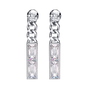 Silver drop earrings with hammered spheres, chain links and baguette-cut zircon stones