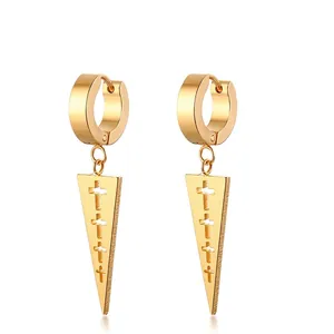 Golden stainless steel hoop earrings with hollow cross geometric triangle pendants