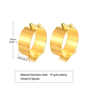 Detail view of wide gold stainless steel hoop earrings with precise size measurements