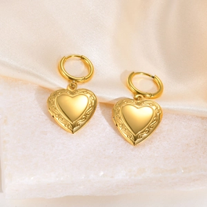 Stainless Steel Heart Shaped Locket Hoop Earrings For Women Gold Plated Vintage Engraved Scroll Design Hoop Jewelry