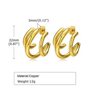 Boucles d'oreilles créoles C dorées à trois couches en cuivre, hauteur 22mm et épaisseur 3mm