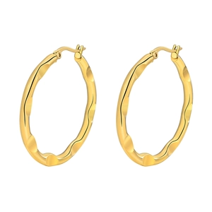 Modern gold hammered texture stainless steel hoop earrings with glossy wavy finish