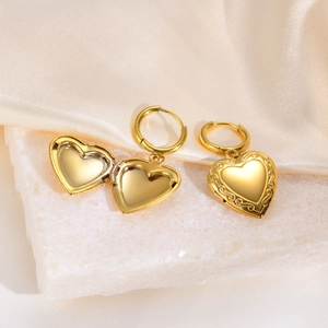 Golden heart locket hoop earrings in stainless steel with vintage floral embossed details