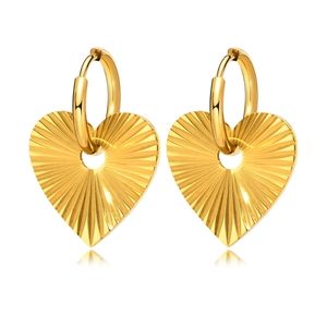 Golden heart drop earrings in stainless steel with elegant radial sunburst texture