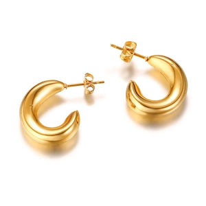 Minimalist golden C-shape stainless steel hoop earrings with polished mirror finish