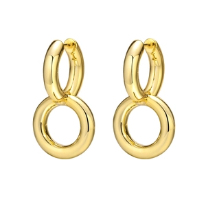 Minimalist gold tone interlocking figure-8 hoop earrings with polished finish and hinge closure