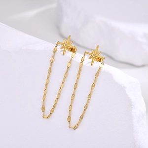 Détail de boucles d'oreilles étoile dorées avec de longs pompons à chaînes