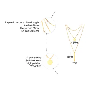 Collier multicouche en acier inoxydable avec pendentifs ronds et barres fini doré chic