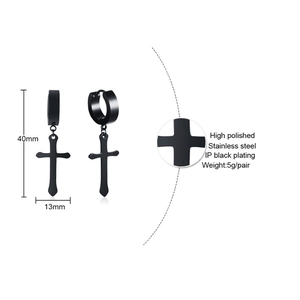 Detailed size chart for black stainless steel cross earrings with IP vacuum plating