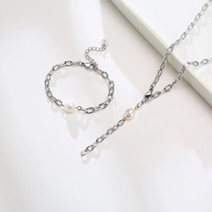 Women's Stainless Steel Freshwater Pearl Bracelet Silver Polished Texture Link Chain Adjustable Fashion Jewelry For Daily wear