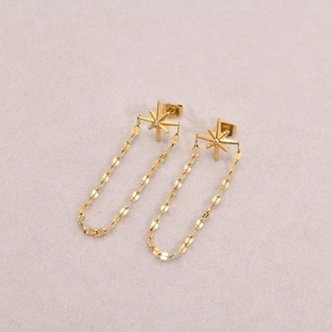 Détail de la boucle d'oreille étoile dorée avec chaîne pendante et zircon brillant