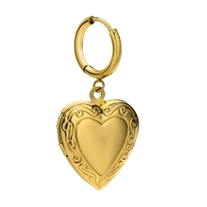 Golden titanium steel heart locket hoop earrings with vintage scroll engraving on white background