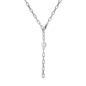 Y-shaped stainless steel necklace featuring textured oval links and a freshwater pearl