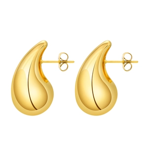 Polished hollow teardrop stud earrings in gold-plated stainless steel for women