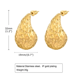 Chic hammered texture waterdrop earrings in gold-plated stainless steel for women