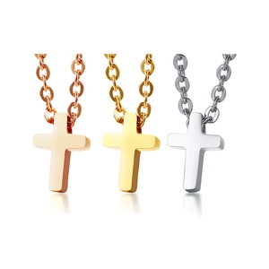 Minimalist stainless steel cross pendant necklaces in rose gold, gold, and silver