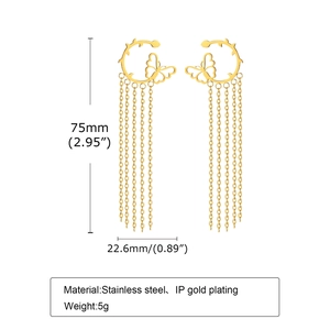 Detailed view of gold butterfly tassel earrings in stainless steel with measurements