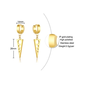 Detailed view of 26mm gold plated stainless steel triangle drop earring with dimensions