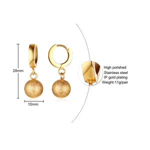 Gold stainless steel hoop earrings with 10mm matte ball pendant, 28mm total height