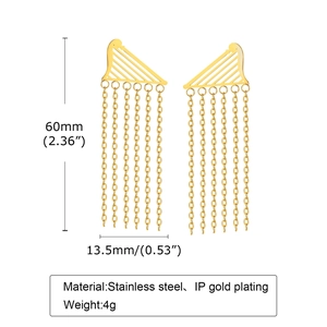 Detail view of gold harp tassel earrings with height and width measurements