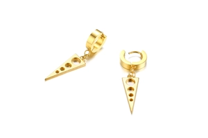 Macro view of polished gold triangular earrings with hollow circles and ring clasp