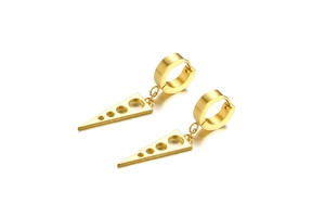 Close-up of golden geometric triangle drop earrings with hollow circles and brushed finish