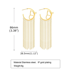 Gold stainless steel butterfly tassel earrings with hollow C-shape design and long chains