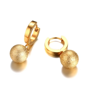 Golden stainless steel hoop earrings featuring textured matte frosted beads in a modern design