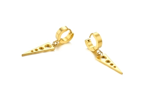 Detailed view of 26mm golden geometric triangle earrings with triple circular cutouts