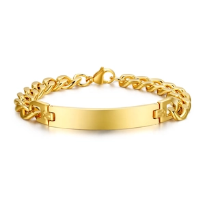 Gold plated stainless steel curb chain bracelet with a polished flat ID plate
