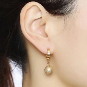 Golden huggie hoop earrings with frosted sand-textured spheres for women's fashion