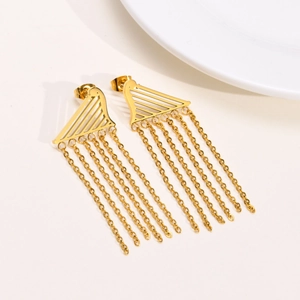 Detail of gold butterfly tassel drop earrings with geometric hollow triangle design