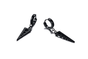 Macro detail of black titanium steel triangle drop earrings with hollow round patterns