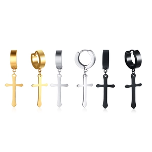 Stainless Steel Cross Pendant Hoop Earrings Minimalist Unisex Punk Dangle Earrings Gold Black Silver Jewelry Accessories