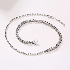 Minimalist stainless steel mixed link chain necklace with polished beads in silver tone