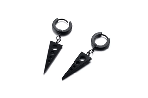 Detail of matte black titanium steel geometric earrings with hollow triangular pendants