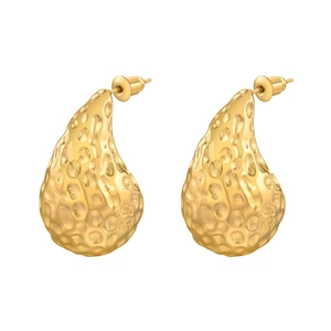 Chic golden waterdrop stud earrings with hammered stainless steel texture for women