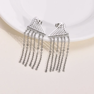 Detailed macro of silver-toned stainless steel tassel earrings on a ceramic dish