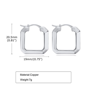 Polished silver square hoop earrings specification with dimensions 20.5mm x 19mm