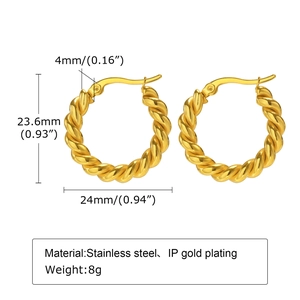 Golden twisted rope hoop earrings in stainless steel with 24mm outer diameter dimensions