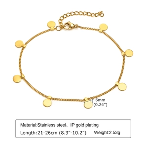 Detail of 18K gold plated stainless steel anklet with 6mm polished disc pendants