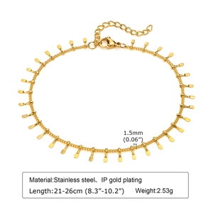 Detail view of IP gold plated stainless steel anklet with lobster clasp and length specs