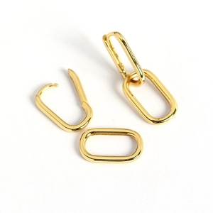 Minimalist gold geometric rectangular drop earrings with detachable oval pendant design