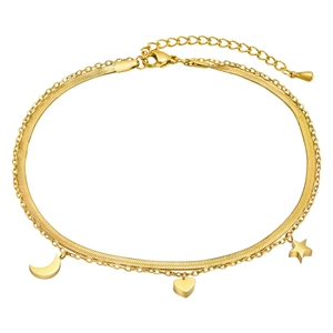 Golden double-layer anklet with flat snake chain and celestial moon star heart charms