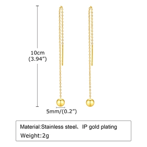 Golden stainless steel long bead chain earrings for women with 10cm minimalist drop style