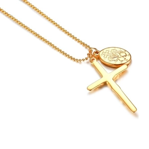 Stainless Steel Cross And Oval Medal Pendant Necklace For Women Gold Ball Chain Double Pendant Religious Fashion Jewelry