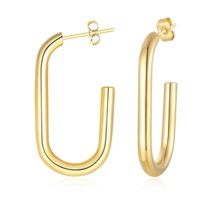 Polished gold rectangular geometric hoop earrings in minimalist stainless steel for women